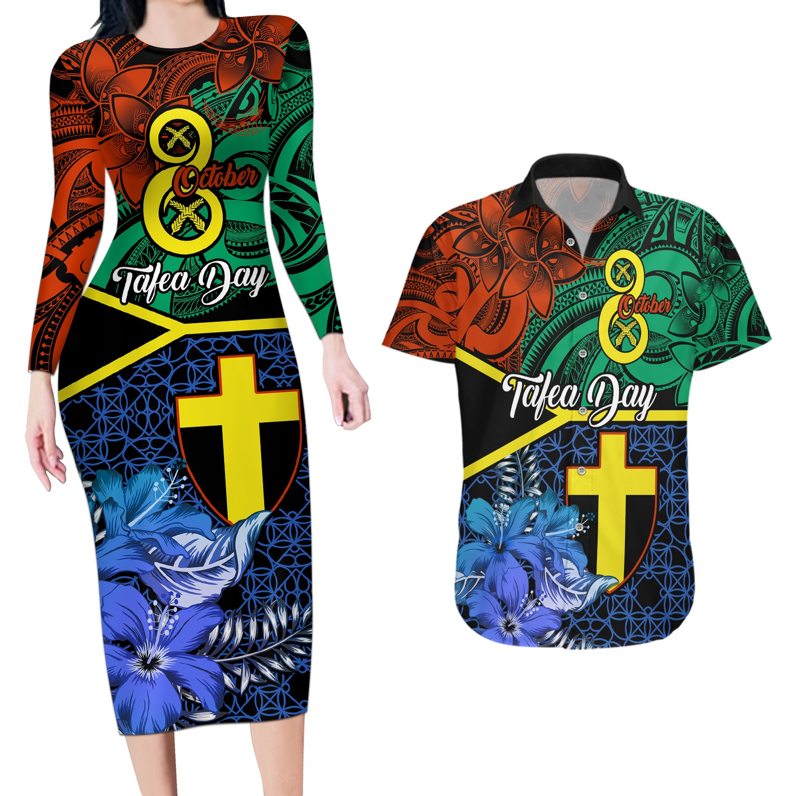 Tafea Day Couples Matching Long Sleeve Bodycon Dress and Hawaiian Shirt Vanuatu Sand Drawing With Polynesian Pattern LT9 Blue - Polynesian Pride