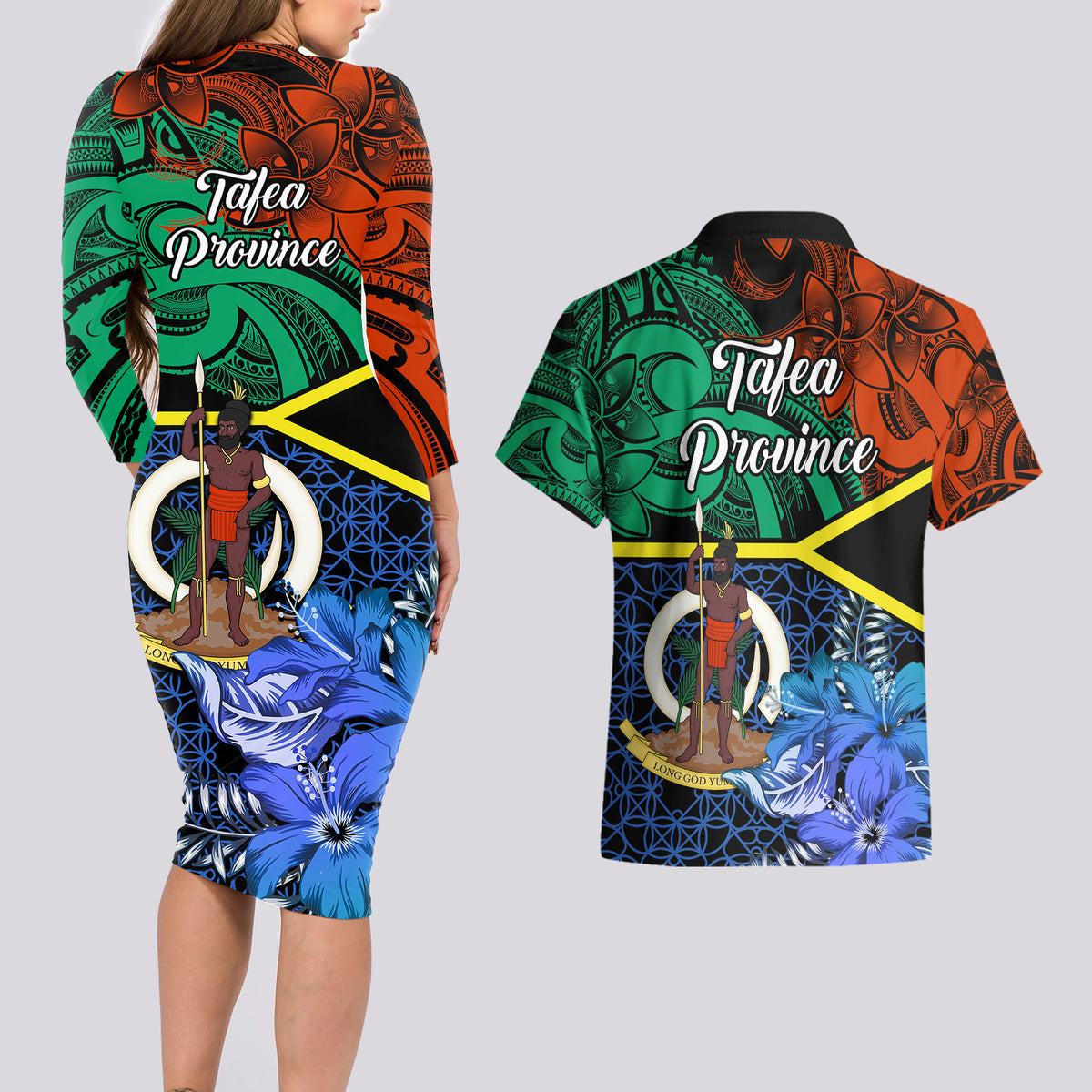 Tafea Day Couples Matching Long Sleeve Bodycon Dress and Hawaiian Shirt Vanuatu Sand Drawing With Polynesian Pattern LT9 - Polynesian Pride