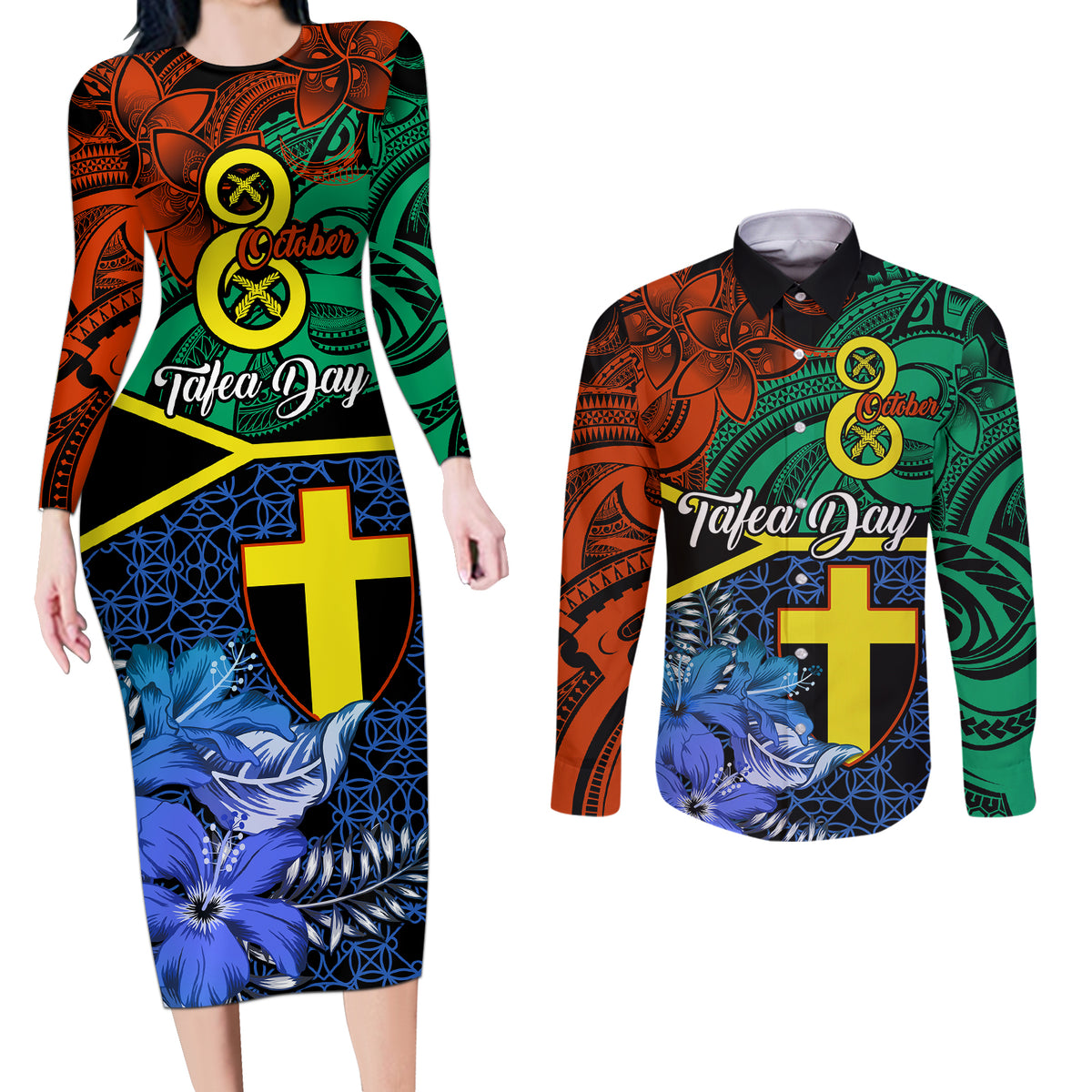 Tafea Day Couples Matching Long Sleeve Bodycon Dress and Long Sleeve Button Shirts Vanuatu Sand Drawing With Polynesian Pattern LT9 Blue - Polynesian Pride