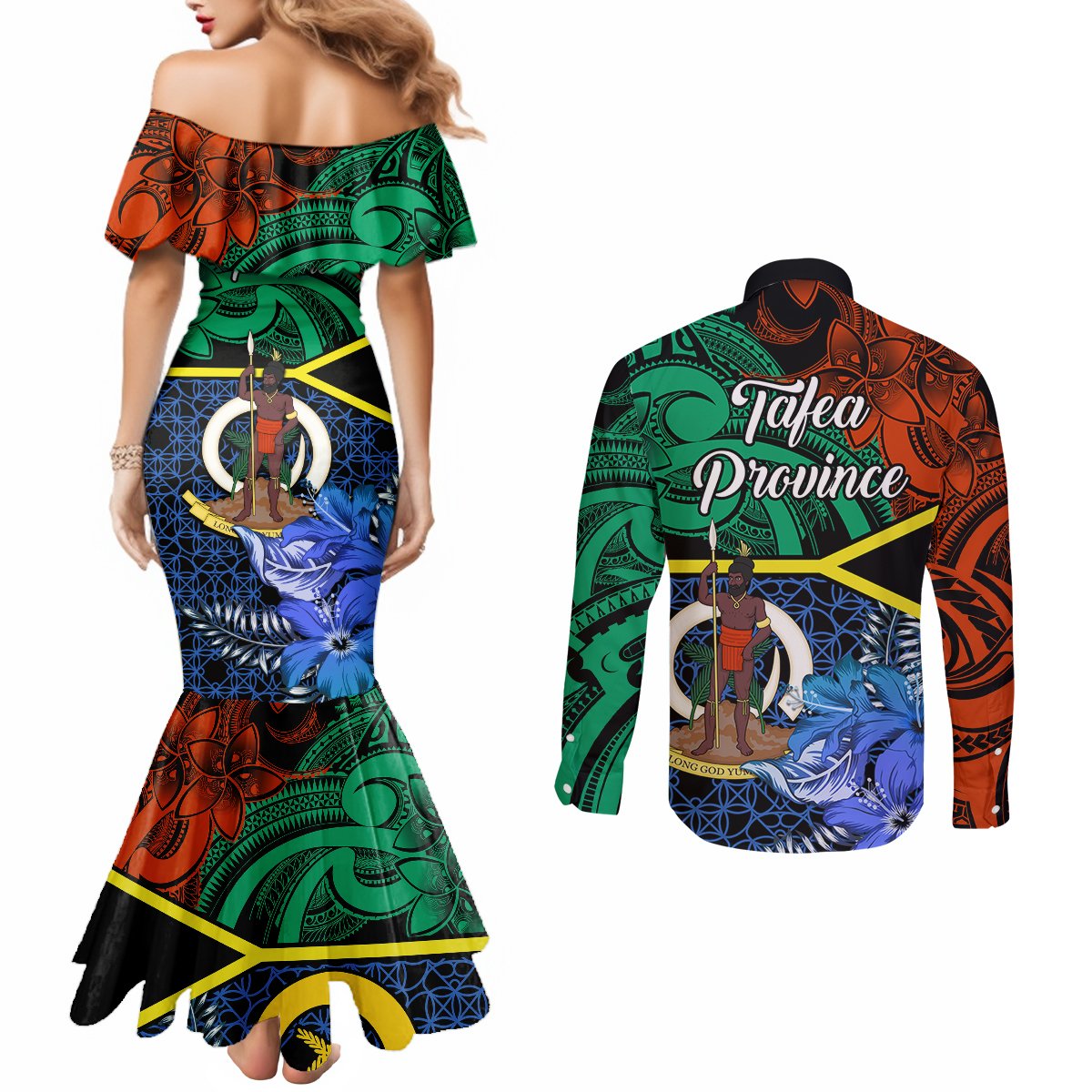 Tafea Day Couples Matching Mermaid Dress and Long Sleeve Button Shirts Vanuatu Sand Drawing With Polynesian Pattern LT9 - Polynesian Pride