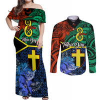 Tafea Day Couples Matching Off Shoulder Maxi Dress and Long Sleeve Button Shirts Vanuatu Sand Drawing With Polynesian Pattern LT9 Blue - Polynesian Pride