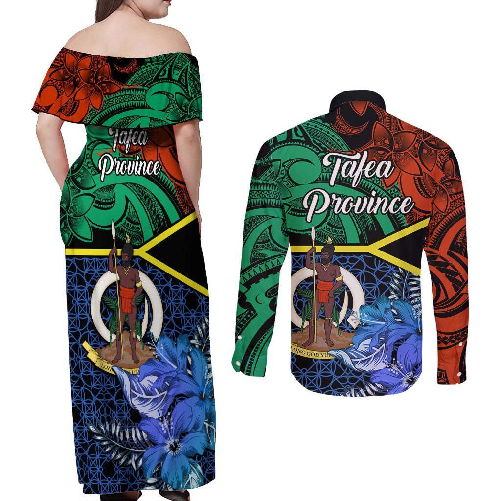 Tafea Day Couples Matching Off Shoulder Maxi Dress and Long Sleeve Button Shirts Vanuatu Sand Drawing With Polynesian Pattern LT9 - Polynesian Pride