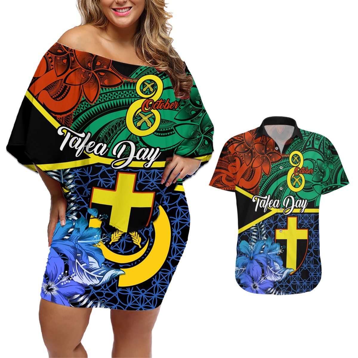 Tafea Day Couples Matching Off Shoulder Short Dress and Hawaiian Shirt Vanuatu Sand Drawing With Polynesian Pattern LT9 Blue - Polynesian Pride