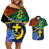 Tafea Day Couples Matching Off Shoulder Short Dress and Hawaiian Shirt Vanuatu Sand Drawing With Polynesian Pattern LT9 Blue - Polynesian Pride