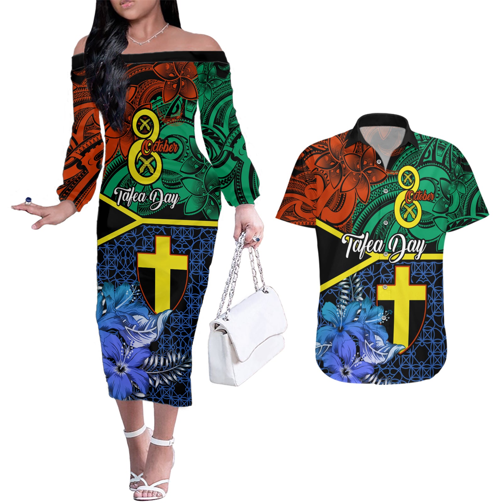 Tafea Day Couples Matching Off The Shoulder Long Sleeve Dress and Hawaiian Shirt Vanuatu Sand Drawing With Polynesian Pattern LT9 Blue - Polynesian Pride