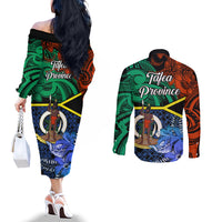 Tafea Day Couples Matching Off The Shoulder Long Sleeve Dress and Long Sleeve Button Shirts Vanuatu Sand Drawing With Polynesian Pattern LT9 - Polynesian Pride