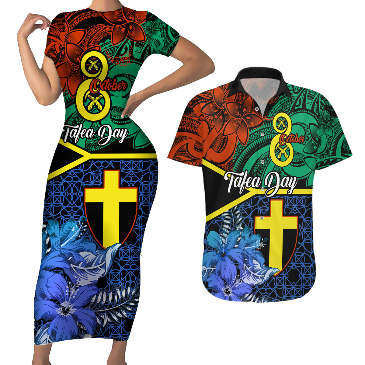 Tafea Day Couples Matching Short Sleeve Bodycon Dress and Hawaiian Shirt Vanuatu Sand Drawing With Polynesian Pattern LT9 Blue - Polynesian Pride