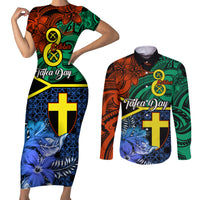 Tafea Day Couples Matching Short Sleeve Bodycon Dress and Long Sleeve Button Shirts Vanuatu Sand Drawing With Polynesian Pattern LT9 Blue - Polynesian Pride