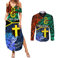 Tafea Day Couples Matching Summer Maxi Dress and Long Sleeve Button Shirts Vanuatu Sand Drawing With Polynesian Pattern LT9 Blue - Polynesian Pride
