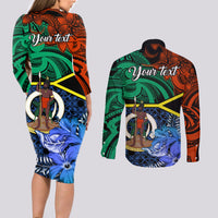 Personalised Tafea Day Couples Matching Long Sleeve Bodycon Dress and Long Sleeve Button Shirts Vanuatu Sand Drawing With Polynesian Pattern LT9 - Polynesian Pride