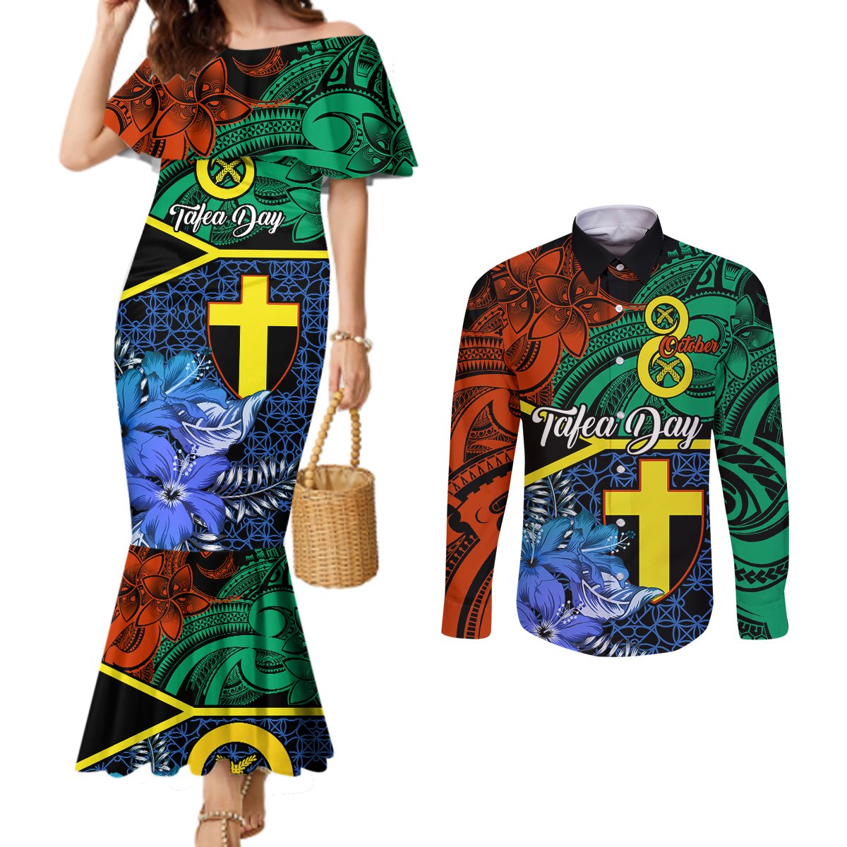 Personalised Tafea Day Couples Matching Mermaid Dress and Long Sleeve Button Shirts Vanuatu Sand Drawing With Polynesian Pattern LT9 Blue - Polynesian Pride