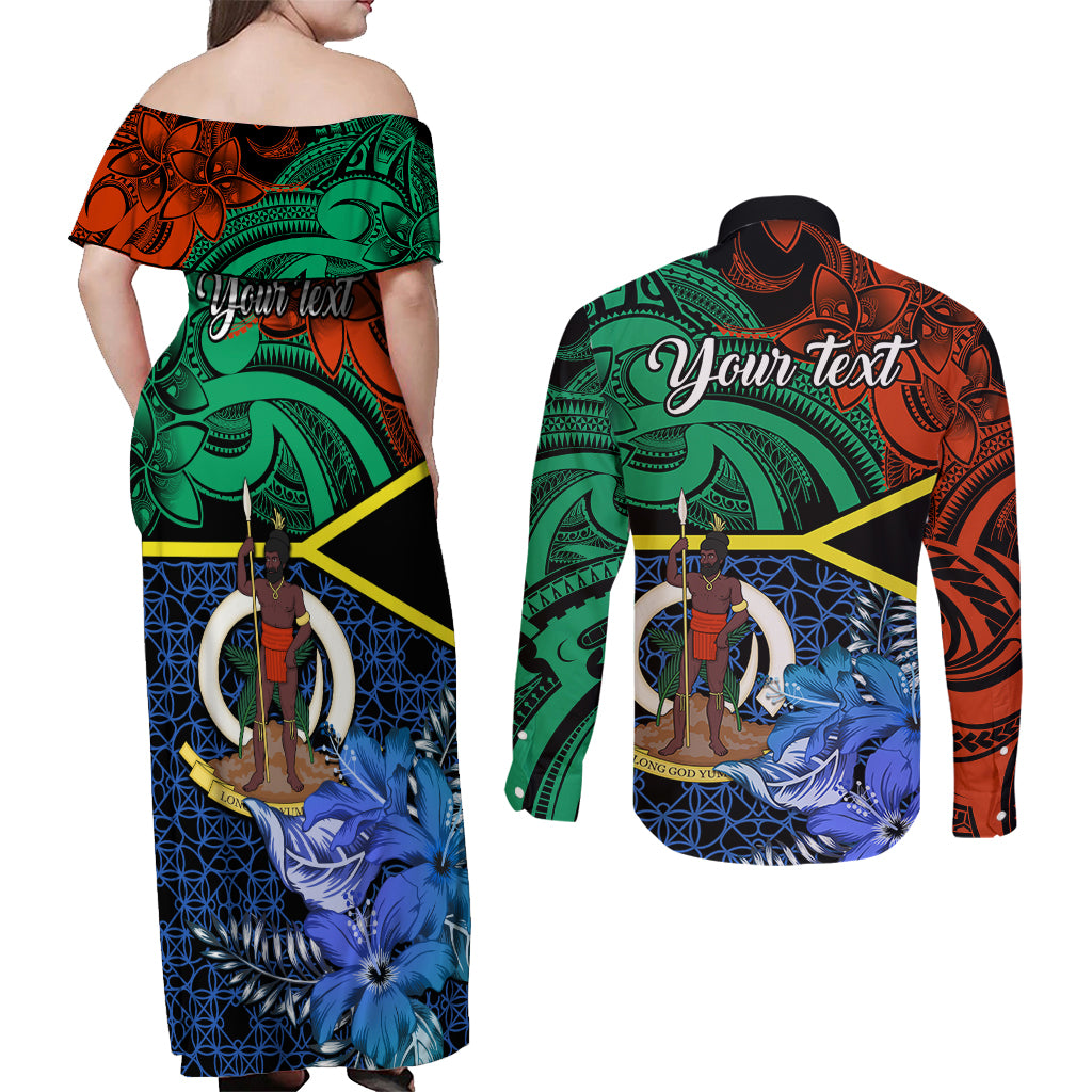 Personalised Tafea Day Couples Matching Off Shoulder Maxi Dress and Long Sleeve Button Shirts Vanuatu Sand Drawing With Polynesian Pattern LT9 - Polynesian Pride