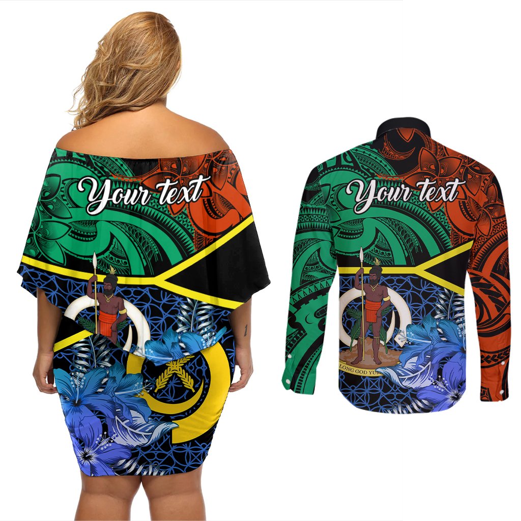 Personalised Tafea Day Couples Matching Off Shoulder Short Dress and Long Sleeve Button Shirts Vanuatu Sand Drawing With Polynesian Pattern LT9 - Polynesian Pride