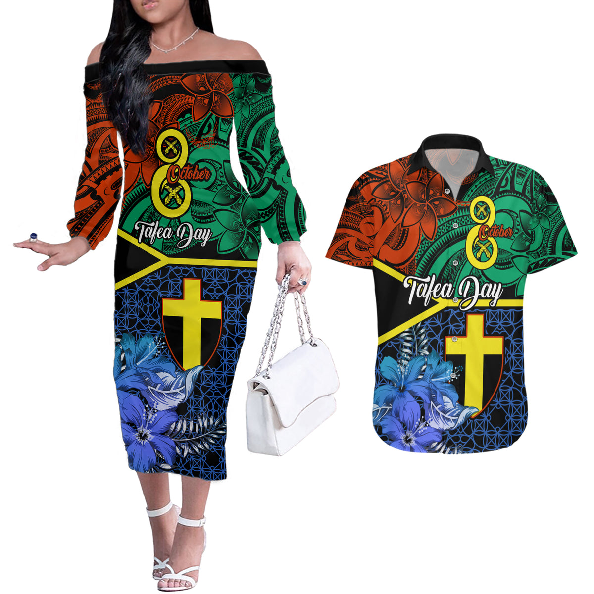 Personalised Tafea Day Couples Matching Off The Shoulder Long Sleeve Dress and Hawaiian Shirt Vanuatu Sand Drawing With Polynesian Pattern LT9 Blue - Polynesian Pride