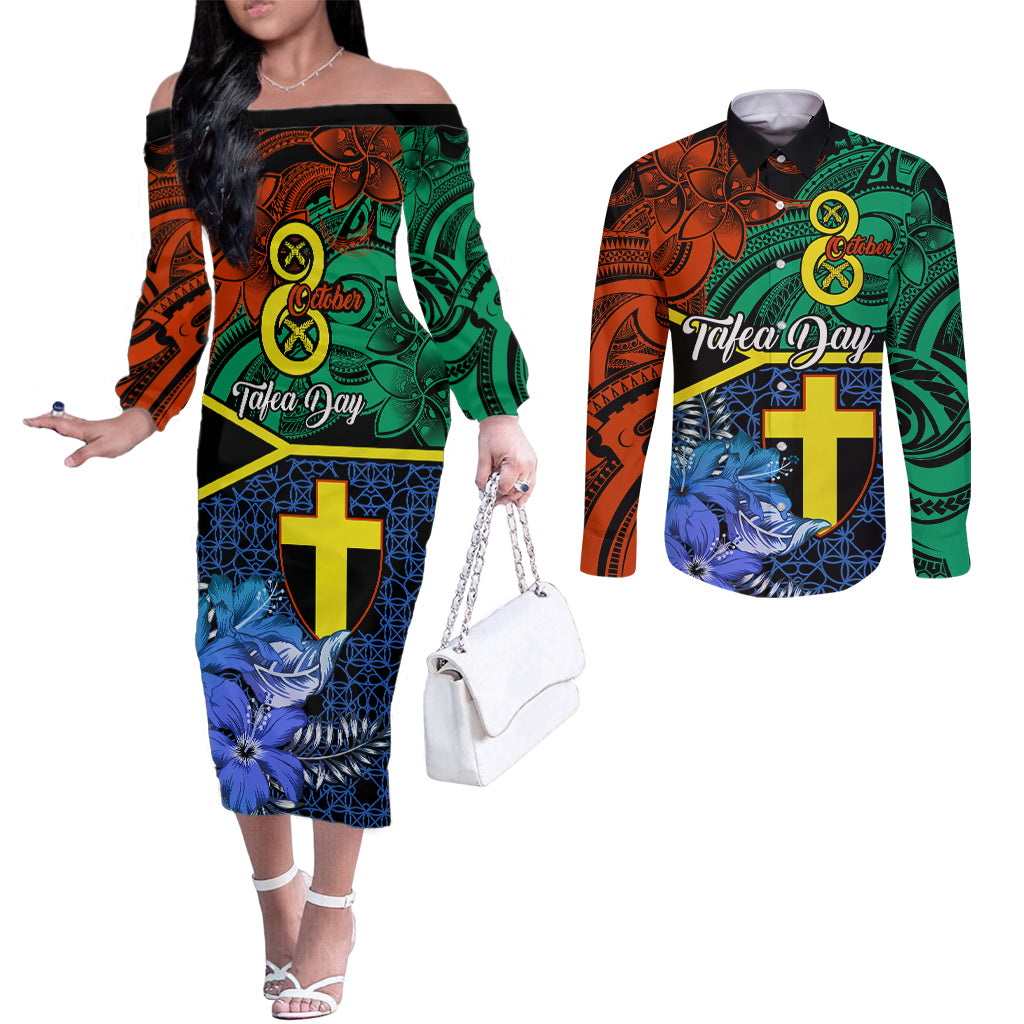 Personalised Tafea Day Couples Matching Off The Shoulder Long Sleeve Dress and Long Sleeve Button Shirts Vanuatu Sand Drawing With Polynesian Pattern LT9 Blue - Polynesian Pride