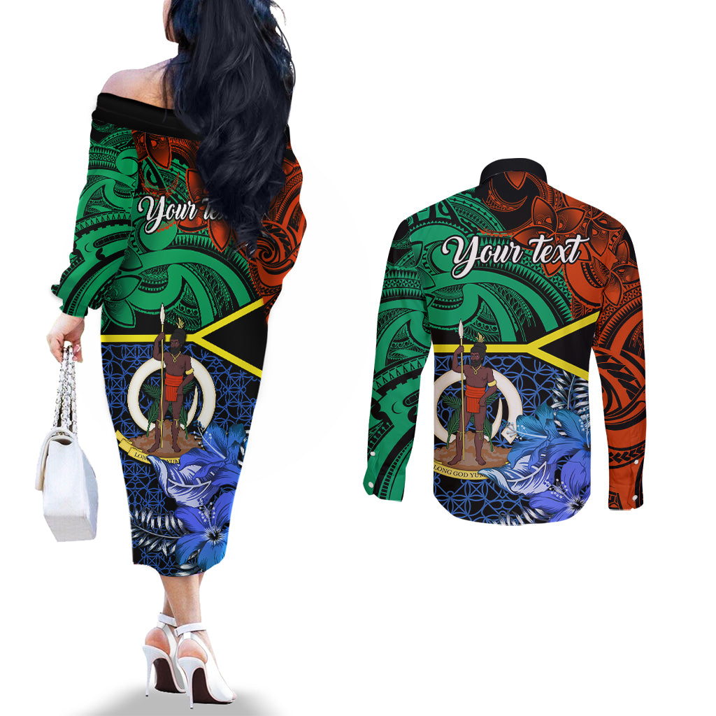 Personalised Tafea Day Couples Matching Off The Shoulder Long Sleeve Dress and Long Sleeve Button Shirts Vanuatu Sand Drawing With Polynesian Pattern LT9 - Polynesian Pride