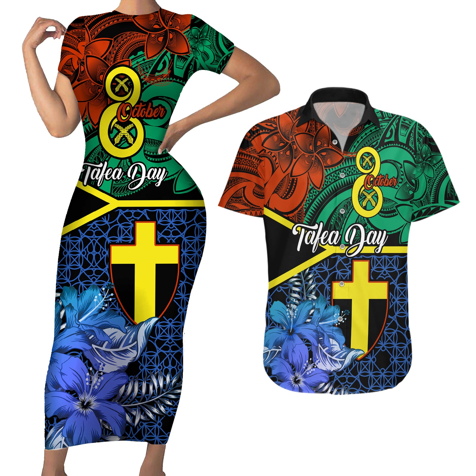 Personalised Tafea Day Couples Matching Short Sleeve Bodycon Dress and Hawaiian Shirt Vanuatu Sand Drawing With Polynesian Pattern LT9 Blue - Polynesian Pride