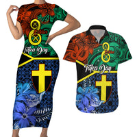 Personalised Tafea Day Couples Matching Short Sleeve Bodycon Dress and Hawaiian Shirt Vanuatu Sand Drawing With Polynesian Pattern LT9 Blue - Polynesian Pride