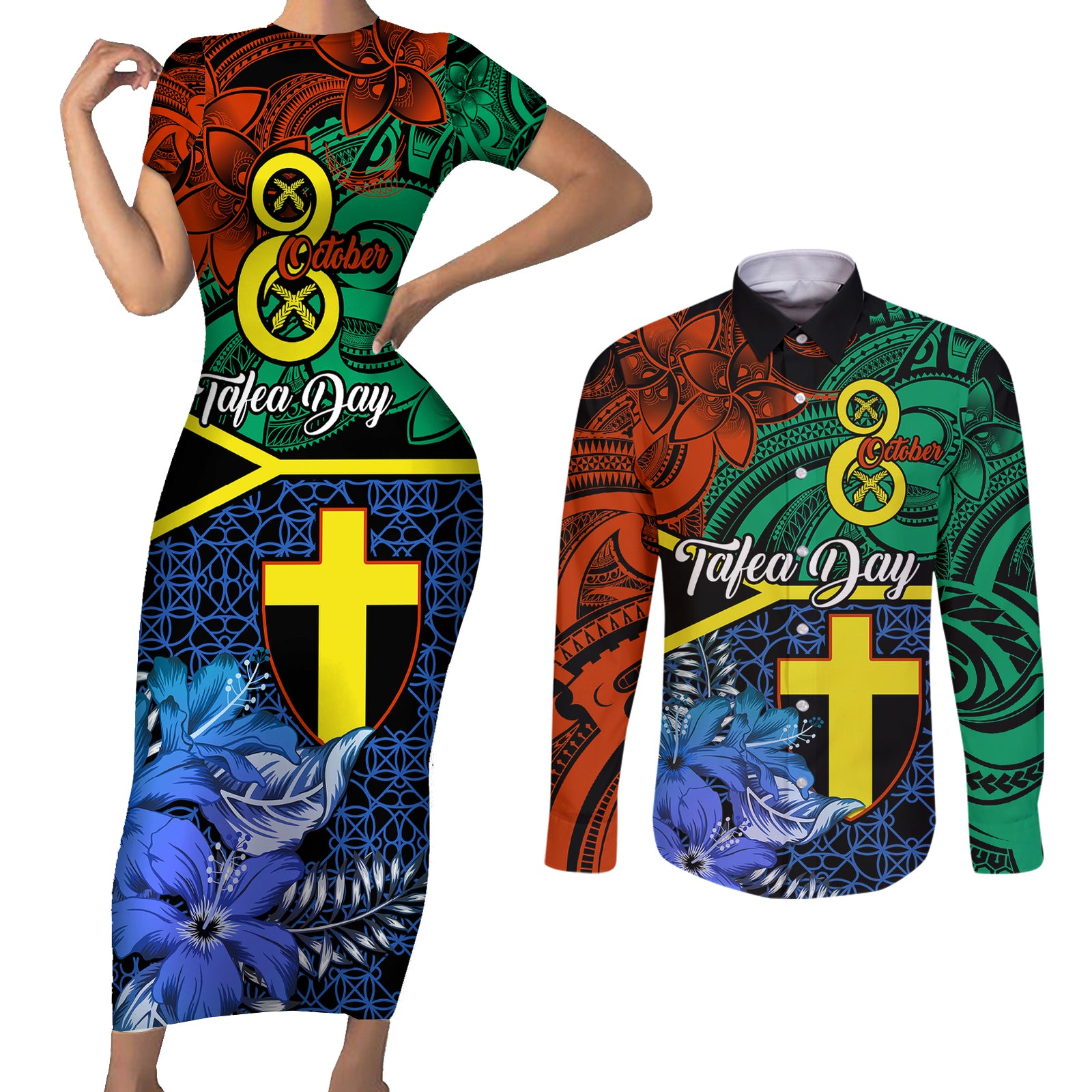 Personalised Tafea Day Couples Matching Short Sleeve Bodycon Dress and Long Sleeve Button Shirts Vanuatu Sand Drawing With Polynesian Pattern LT9 Blue - Polynesian Pride