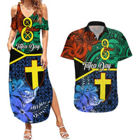 Personalised Tafea Day Couples Matching Summer Maxi Dress and Hawaiian Shirt Vanuatu Sand Drawing With Polynesian Pattern LT9 Blue - Polynesian Pride