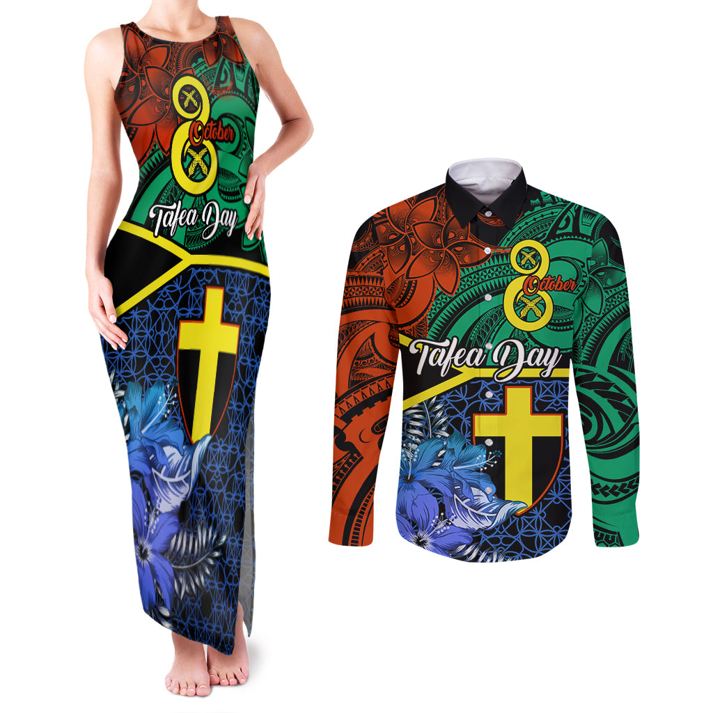 Personalised Tafea Day Couples Matching Tank Maxi Dress and Long Sleeve Button Shirts Vanuatu Sand Drawing With Polynesian Pattern LT9 Blue - Polynesian Pride