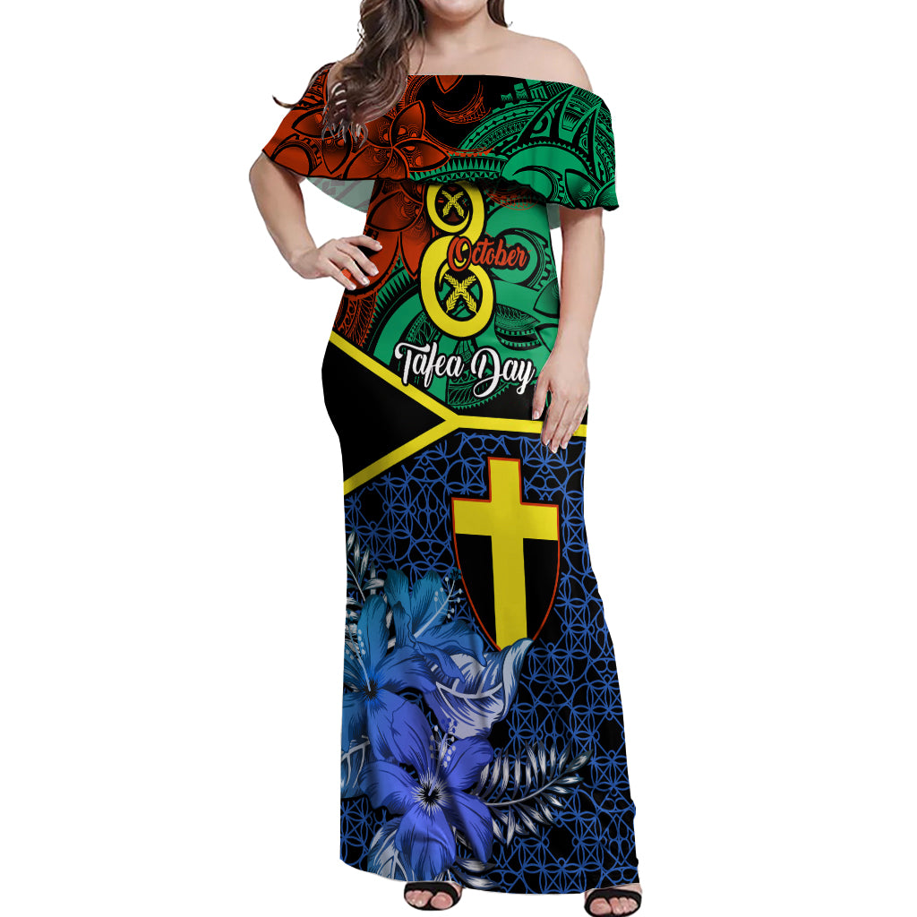Personalised Tafea Day Off Shoulder Maxi Dress Vanuatu Sand Drawing With Polynesian Pattern LT9 Women Blue - Polynesian Pride