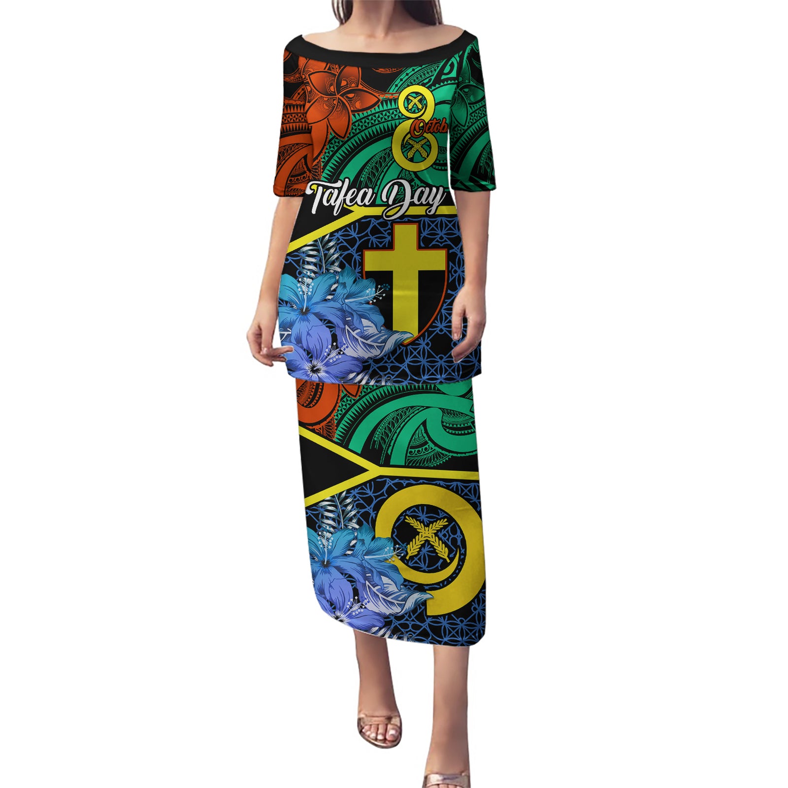 Personalised Tafea Day Puletasi Vanuatu Sand Drawing With Polynesian Pattern LT9 Long Dress Blue - Polynesian Pride