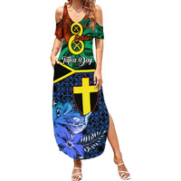 Personalised Tafea Day Summer Maxi Dress Vanuatu Sand Drawing With Polynesian Pattern LT9 Women Blue - Polynesian Pride