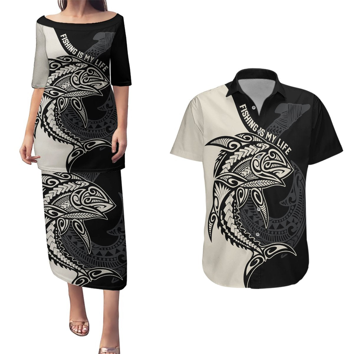 Personalised Polynesia Fishing Couples Matching Puletasi Dress and Hawaiian Shirt With Maori Hei Matau Fish Hook Gold Art LT9 Gold - Polynesian Pride