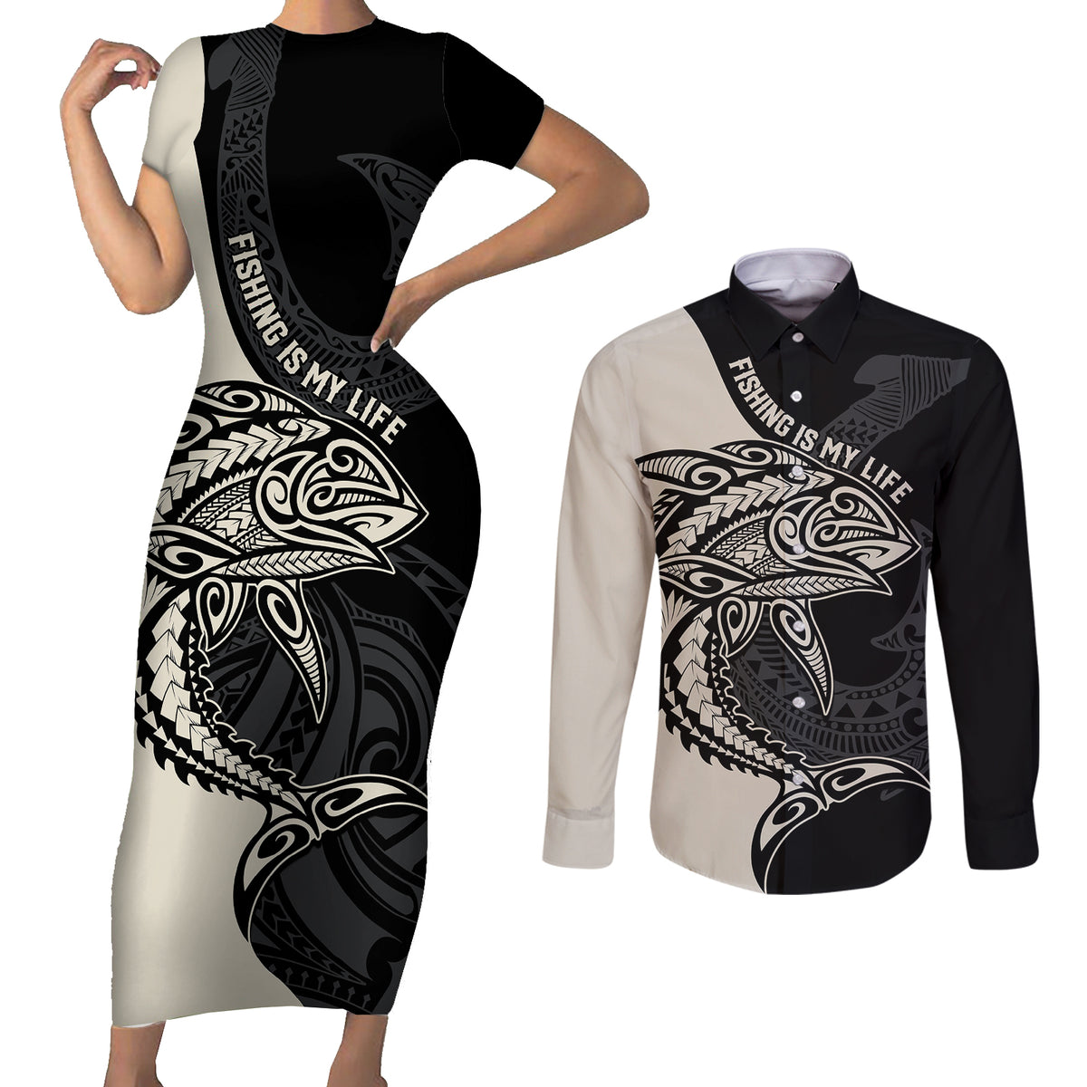 personalised-polynesia-fishing-couples-matching-short-sleeve-bodycon-dress-and-long-sleeve-button-shirts-with-maori-hei-matau-fish-hook-gold-art