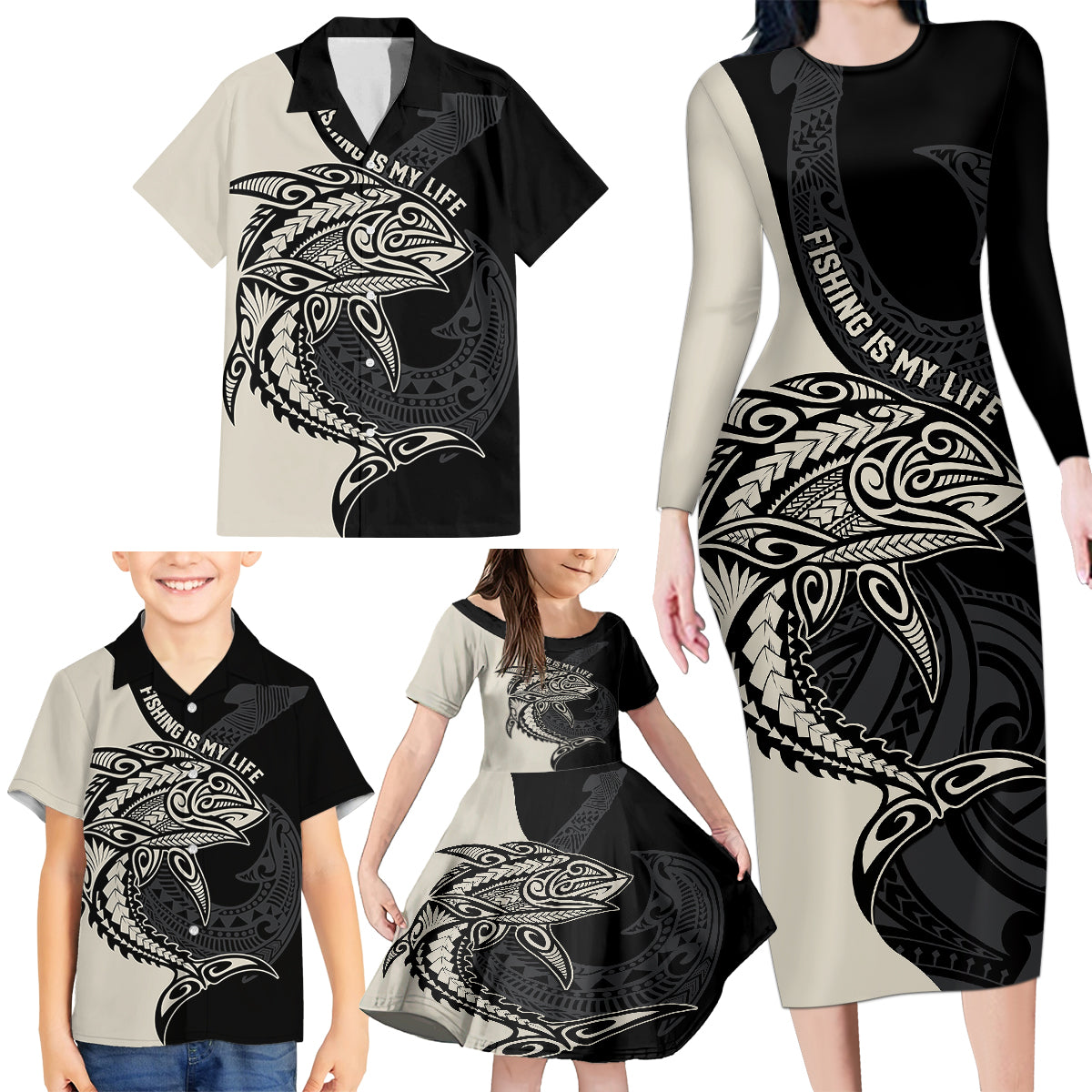 personalised-polynesia-fishing-family-matching-long-sleeve-bodycon-dress-and-hawaiian-shirt-with-maori-hei-matau-fish-hook-gold-art