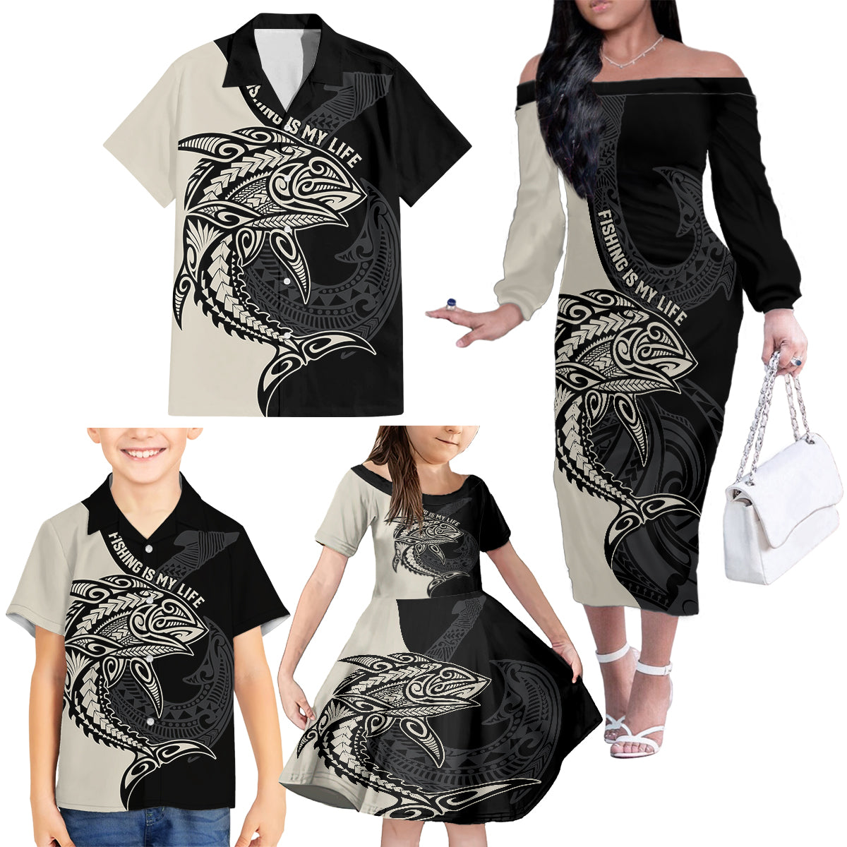 personalised-polynesia-fishing-family-matching-off-shoulder-long-sleeve-dress-and-hawaiian-shirt-with-maori-hei-matau-fish-hook-gold-art