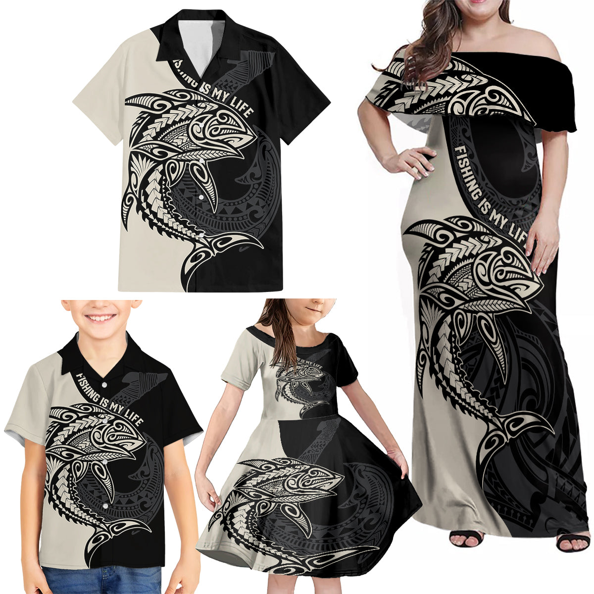 personalised-polynesia-fishing-family-matching-off-shoulder-maxi-dress-and-hawaiian-shirt-with-maori-hei-matau-fish-hook-gold-art