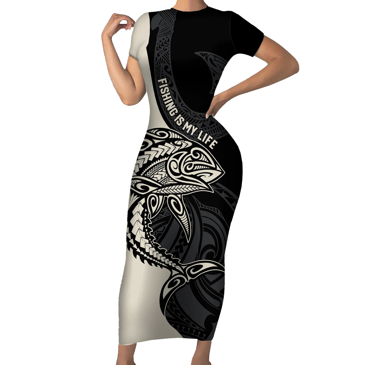 personalised-polynesia-fishing-family-matching-short-sleeve-bodycon-dress-and-hawaiian-shirt-with-maori-hei-matau-fish-hook-gold-art