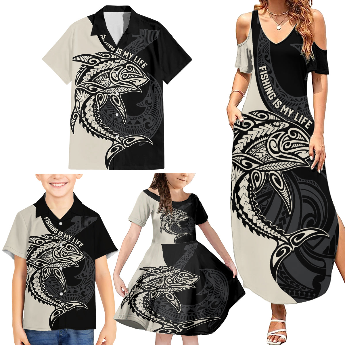 personalised-polynesia-fishing-family-matching-summer-maxi-dress-and-hawaiian-shirt-with-maori-hei-matau-fish-hook-gold-art