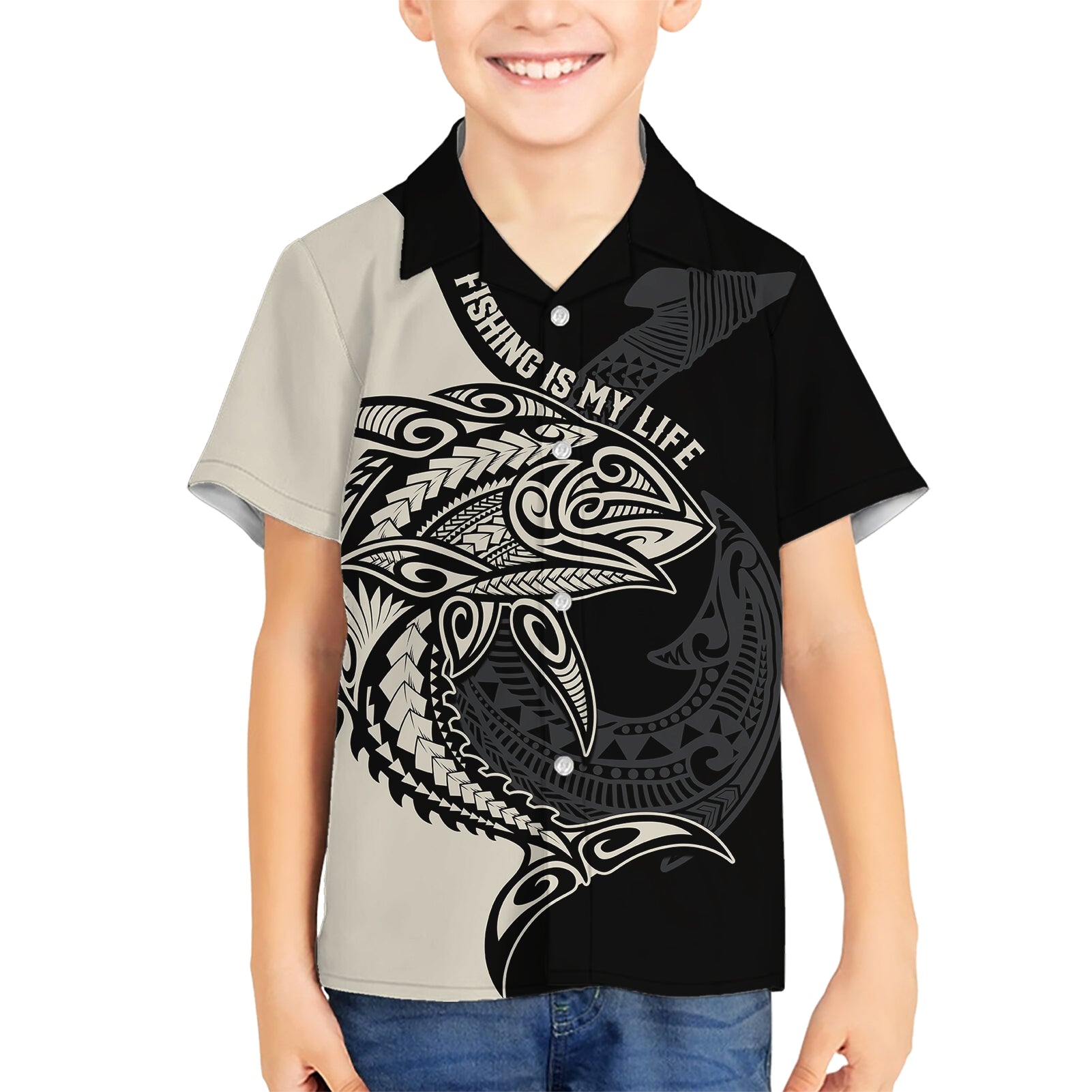 personalised-polynesia-fishing-kid-hawaiian-shirt-with-maori-hei-matau-fish-hook-gold-art