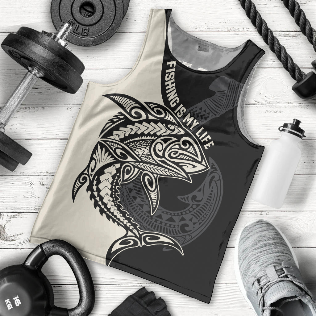 Personalised Polynesia Fishing Men Tank Top With Maori Hei Matau Fish Hook Gold Art LT9 Gold - Polynesian Pride