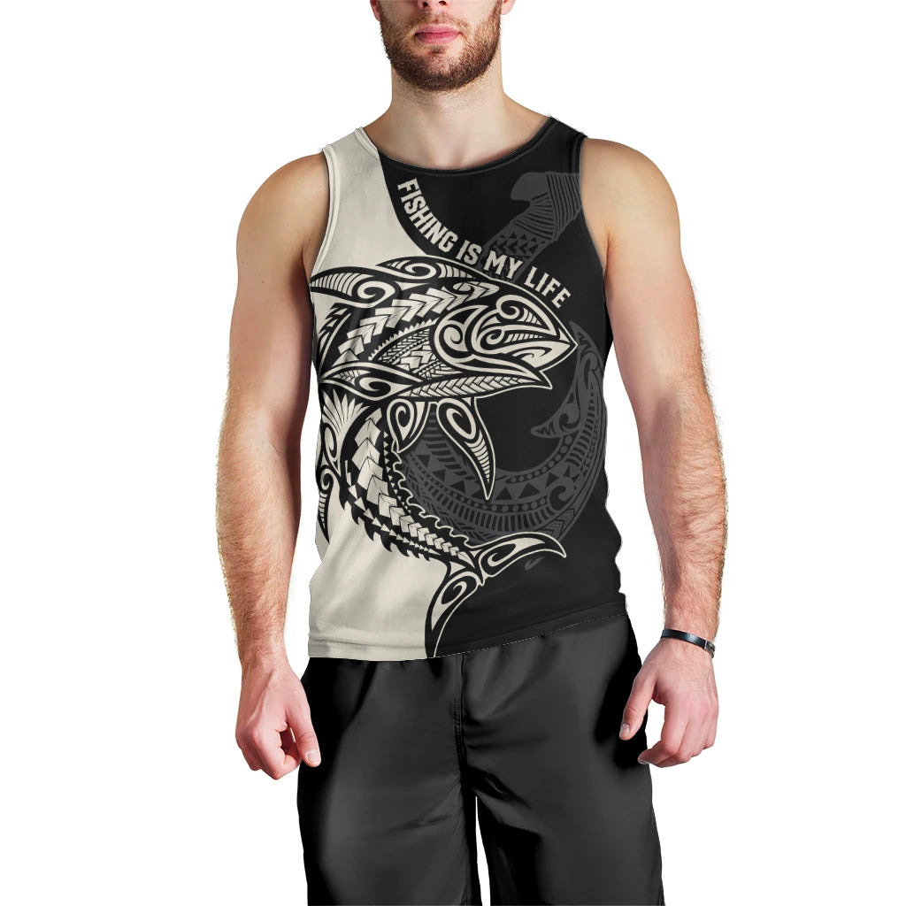 Personalised Polynesia Fishing Men Tank Top With Maori Hei Matau Fish Hook Gold Art LT9 - Polynesian Pride