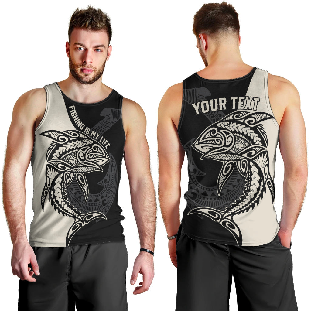 Personalised Polynesia Fishing Men Tank Top With Maori Hei Matau Fish Hook Gold Art LT9 - Polynesian Pride