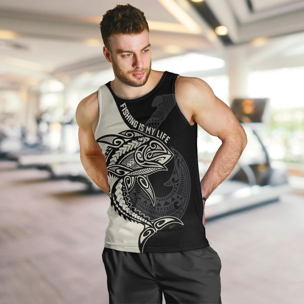 Personalised Polynesia Fishing Men Tank Top With Maori Hei Matau Fish Hook Gold Art LT9 - Polynesian Pride