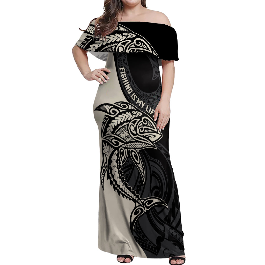 personalised-polynesia-fishing-off-shoulder-maxi-dress-with-maori-hei-matau-fish-hook-gold-art