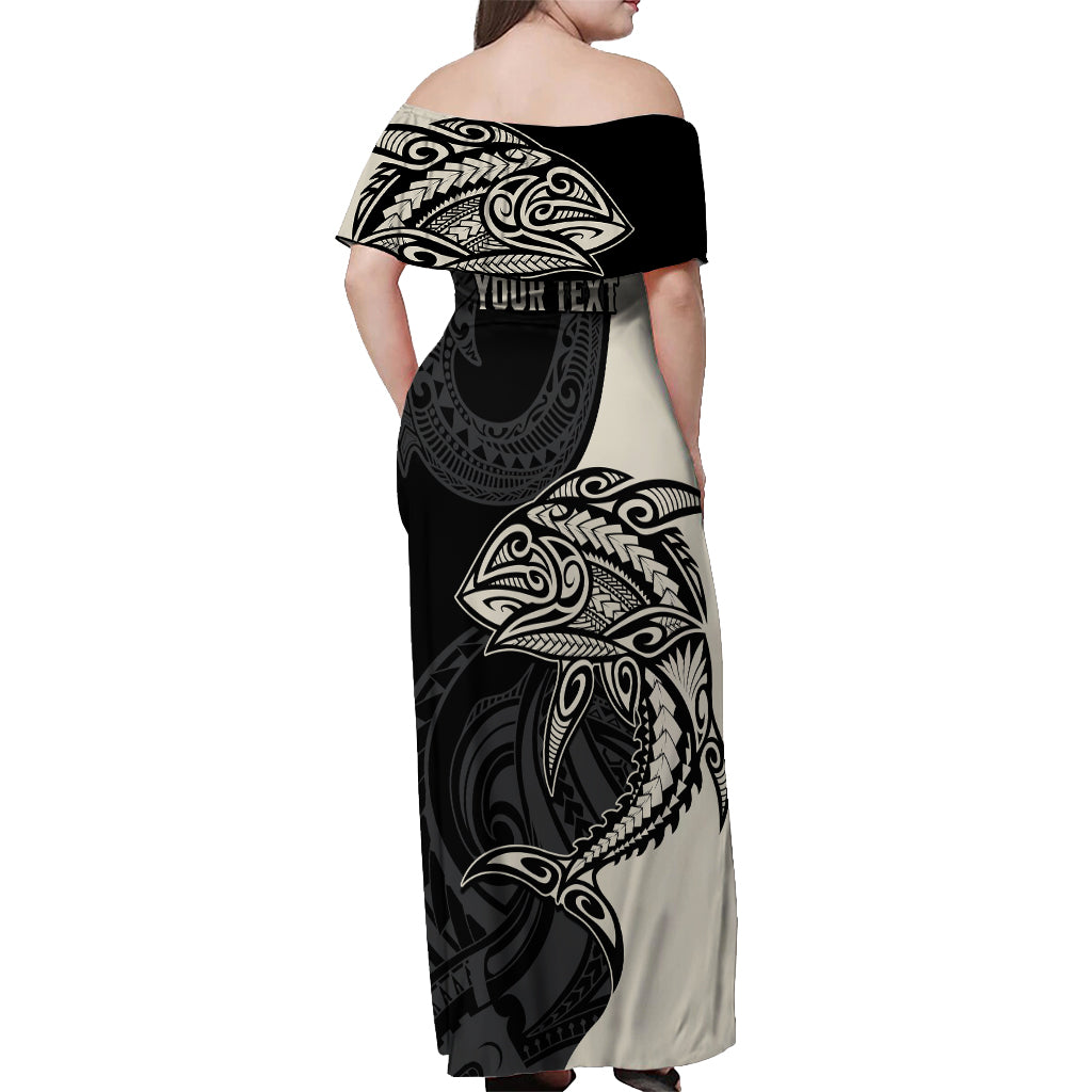 Personalised Polynesia Fishing Off Shoulder Maxi Dress With Maori Hei Matau Fish Hook Gold Art LT9 - Polynesian Pride