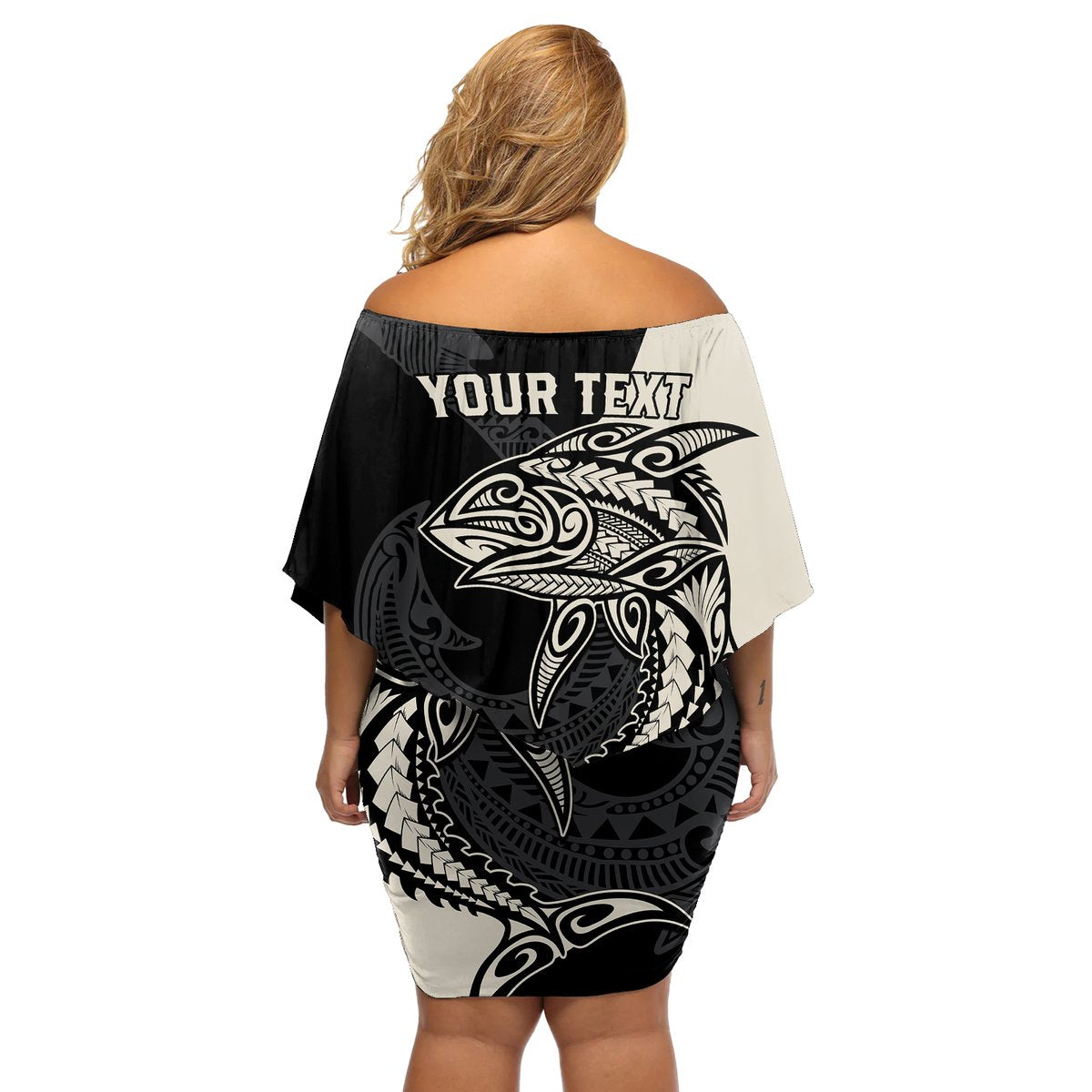 Personalised Polynesia Fishing Off Shoulder Short Dress With Maori Hei Matau Fish Hook Gold Art LT9 - Polynesian Pride