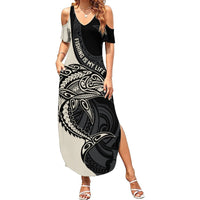 Personalised Polynesia Fishing Summer Maxi Dress With Maori Hei Matau Fish Hook Gold Art LT9 Women Gold - Polynesian Pride