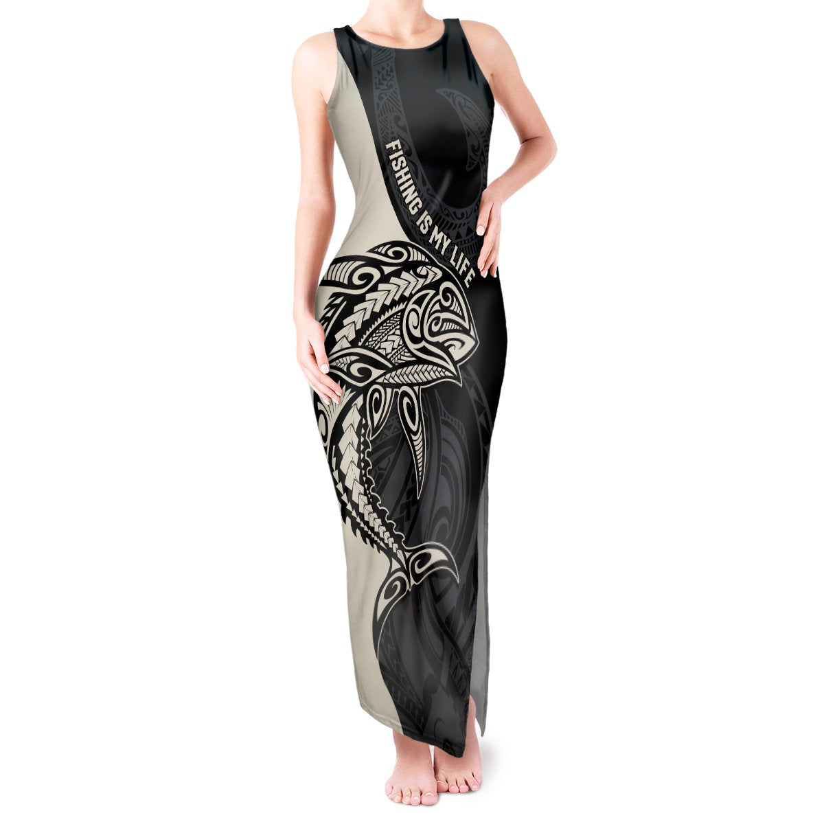 Personalised Polynesia Fishing Tank Maxi Dress With Maori Hei Matau Fish Hook Gold Art LT9 Women Gold - Polynesian Pride