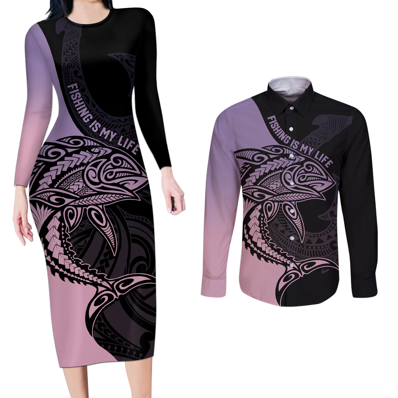 Personalised Polynesia Fishing Couples Matching Long Sleeve Bodycon Dress and Long Sleeve Button Shirts With Maori Hei Matau Fish Hook Pastel Art LT9 Pastel - Polynesian Pride