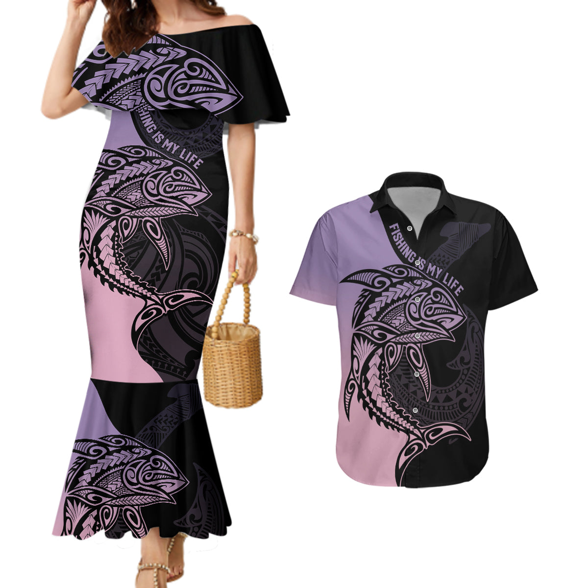 personalised-polynesia-fishing-couples-matching-mermaid-dress-and-hawaiian-shirt-with-maori-hei-matau-fish-hook-pastel-art