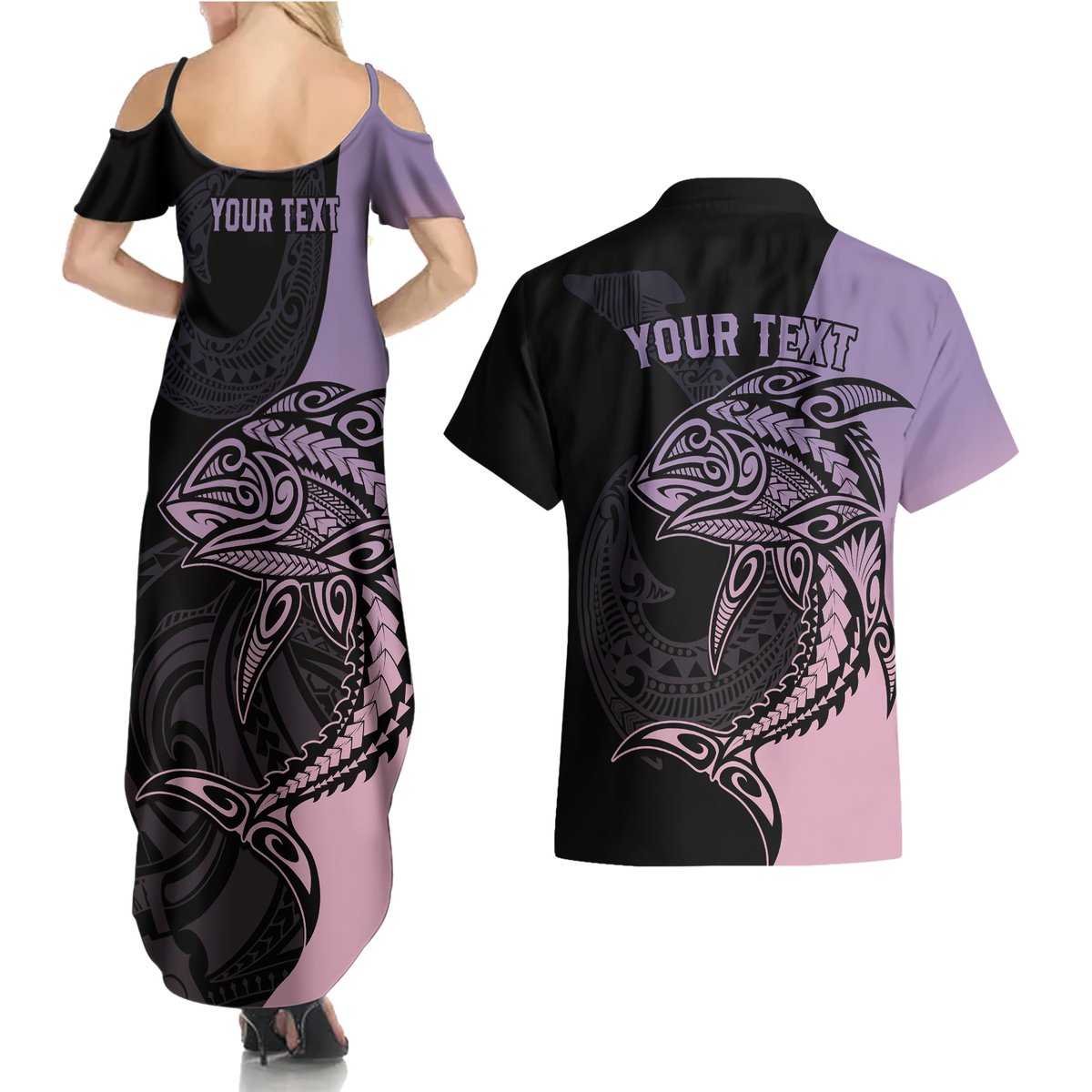 personalised-polynesia-fishing-couples-matching-summer-maxi-dress-and-hawaiian-shirt-with-maori-hei-matau-fish-hook-pastel-art
