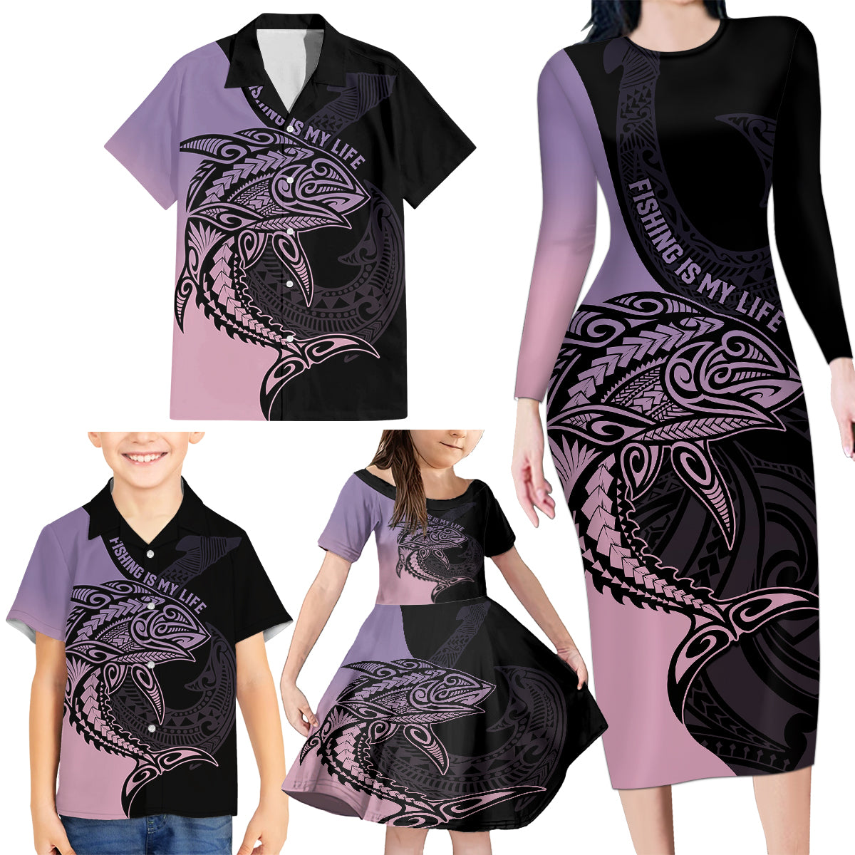 personalised-polynesia-fishing-family-matching-long-sleeve-bodycon-dress-and-hawaiian-shirt-with-maori-hei-matau-fish-hook-pastel-art