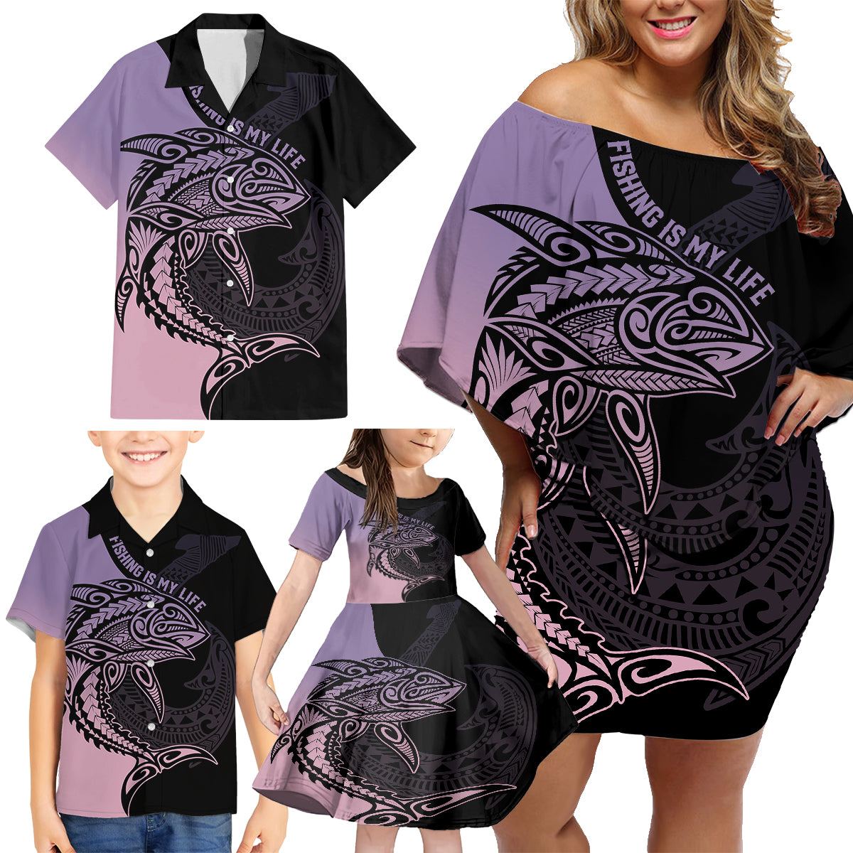 personalised-polynesia-fishing-family-matching-off-shoulder-short-dress-and-hawaiian-shirt-with-maori-hei-matau-fish-hook-pastel-art